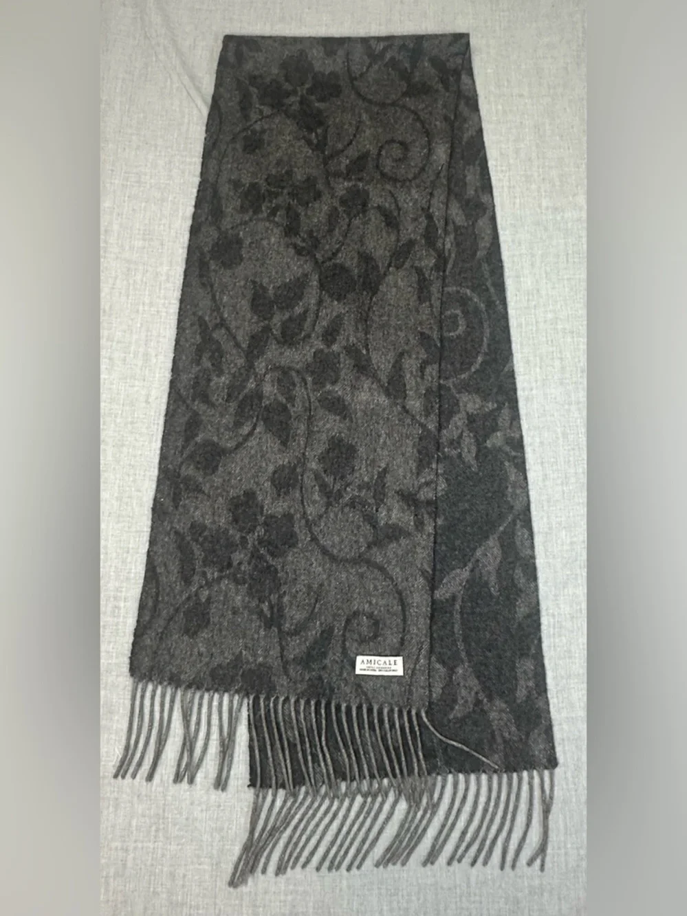 Amicale Cashmere Women's Charcoal Floral Knit Scarf 100% cashmere